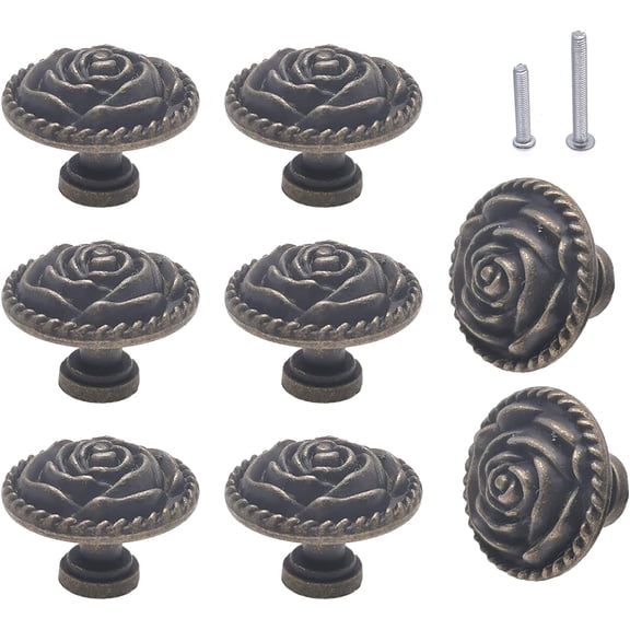 Vintage Rose Dresser Knobs Antique Bronze Cabinet Pulls and Handles Rose Floral Design 8 Pcs
