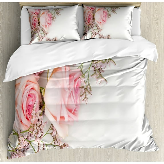 Vintage Rose Duvet Cover Set, Close up Photo of Fresh Rustic Flowers Bouquet Romantic Theme, Decorative 3 Piece Bedding Set with 2 Pillow Shams, Calking Size, Pale Rose White, by Ambesonne