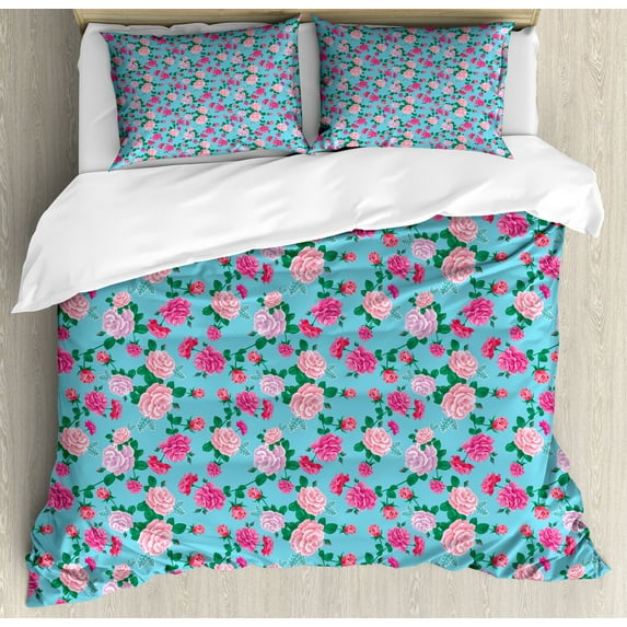 Vintage Rose Duvet Cover Set, Continuous Vibrant Tones Flowers Arrangement, Decorative 3 Piece Bedding Set with 2 Pillow Shams, Calking Size, Aqua Pink, by Ambesonne
