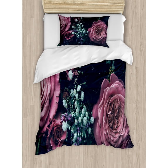 Vintage Rose Duvet Cover Set, Photo of Dreamy Romantic Meadow Flowers Arrangement, Decorative 2 Piece Bedding Set with 1 Pillow Shams, Twin Size, Slate Blue Fuchsia, by Ambesonne