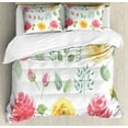 thumbnail image 1 of Vintage Rose Duvet Cover Set Queen Size, Repetitive Watercolor Floral Illustration, Decorative 3 Piece Bedding Set with 2 Pillow Shams, Pastel Yellow Pastel Pink and Peacock Green, by Ambesonne, 1 of 3