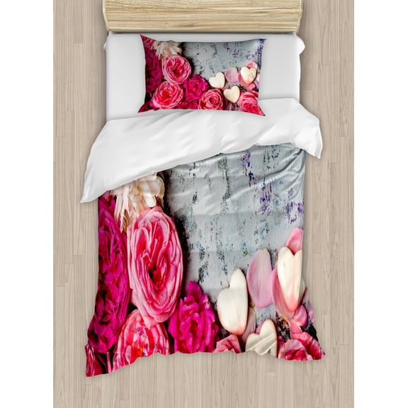 Vintage Rose Duvet Cover Set, Valentines Romantic Photo of Flower Heart Shaped Leaves, Decorative 2 Piece Bedding Set with 1 Pillow Shams, Twin Size, Grey Pink Eggshell, by Ambesonne