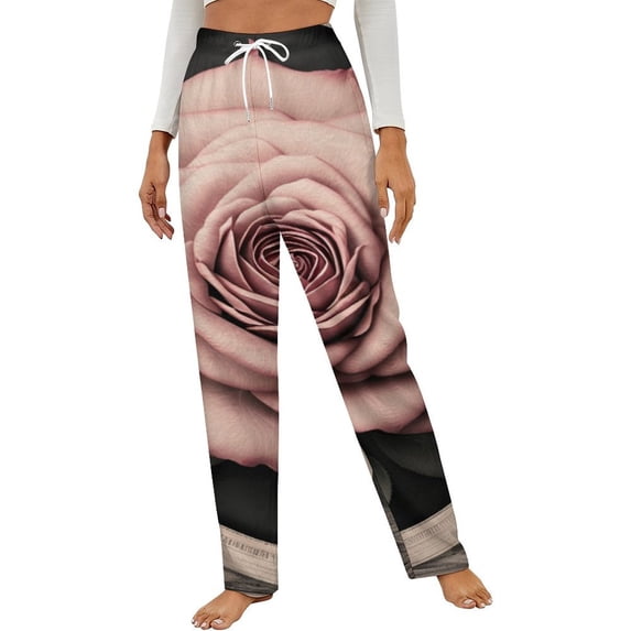 Vintage Rose Emblem Design Winter Female Pants Flannel High Waist Women Pants Lady Warm Straight Leg Plush Trousers