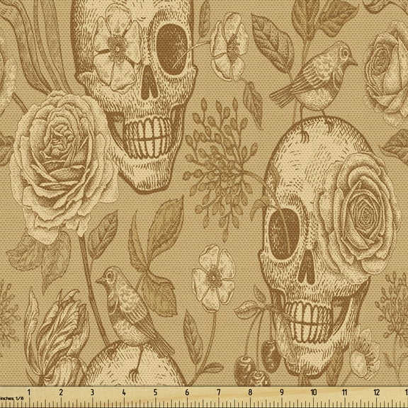 Ambesonne Vintage Rose Fabric by the Yard Upholstery, Skulls Flowers Birds, 1 Yard, Pale Coffee Peach Almond