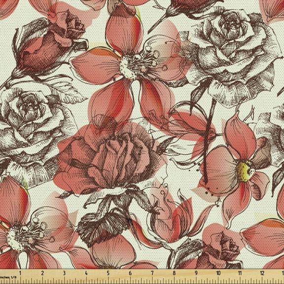 Ambesonne Vintage Rose Fabric by the Yard Upholstery, Engraved Sketch Art, 2 Yards, Coral Brown