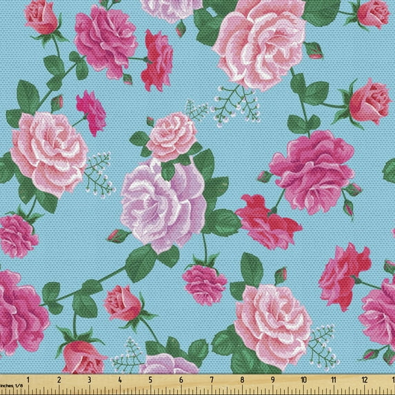Ambesonne Vintage Rose Fabric by the Yard Upholstery, Rose Flowers Bouquet, 2 Yards, Aqua Pink