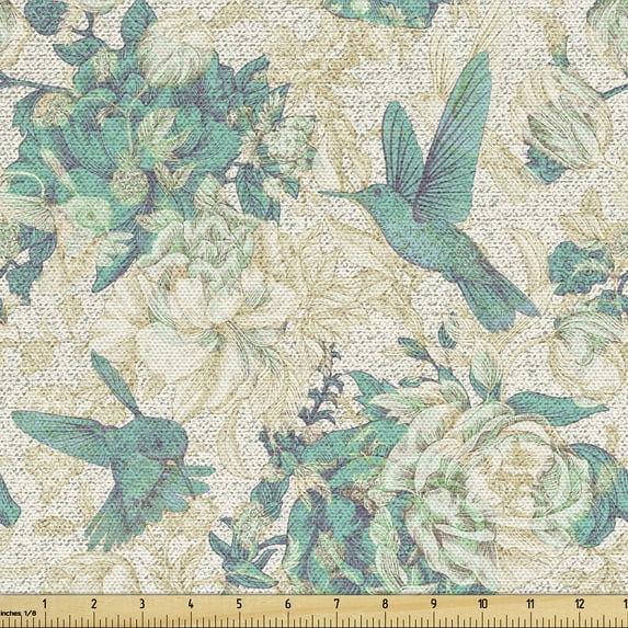 Ambesonne Vintage Rose Fabric by the Yard Upholstery, Grunge Bird and Leaves, 10 Yards, Eggshell Seafoam