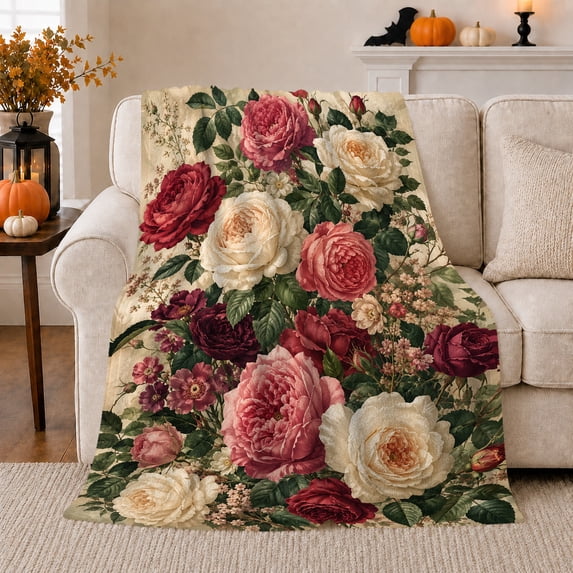 Vintage Rose Floral Botanical Illustration, Cozy Botanical Garden Scene, Warm Flannel Blanket for Sunroom and Reading Nook, Garden Lovers Thanksgiving Gift, Botanical Home Decor