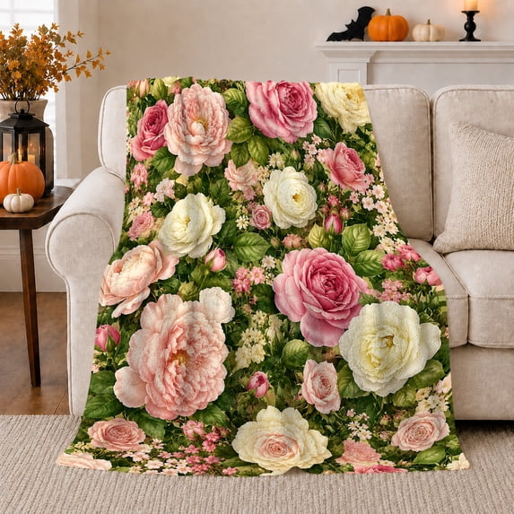 Vintage Rose Floral Design Autumn Thoughtful, Cozy Pet Portrait Pattern, Warm Flannel Blanket for Living Room and Bedroom, Cat Lovers Thanksgiving Gift, Pet Lover Home Decor