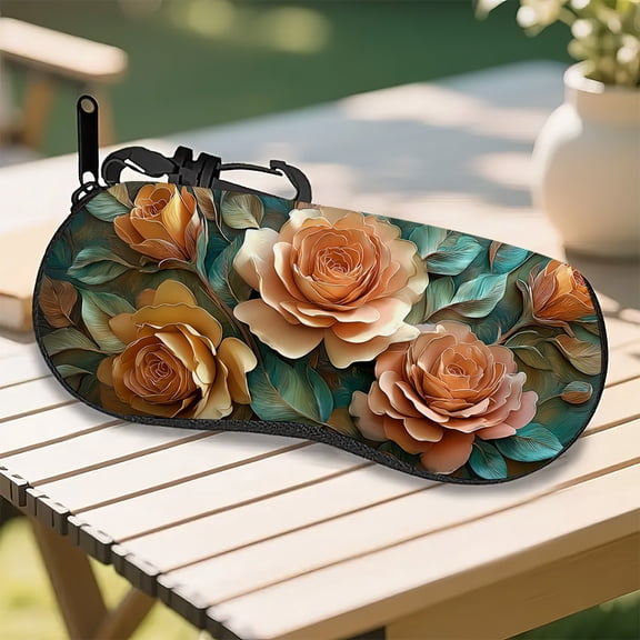 Vintage Rose Floral Patterned Eyeglass Case,Ultra-Light Neoprene Soft Shell with Protective Lining & Secure Zipper (Trendy Unisex Design)