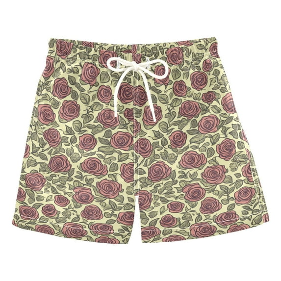 Vintage Rose Floral Print Boys Swim Trunks Quick Dry Boy Swim Shorts for 3-14 Years