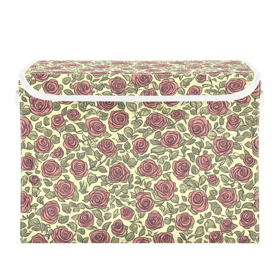 Vintage Rose Floral Print Large Storage Bins with Linen Collapsible Lid Storage Box 16.7 x 12.6 x 11.8in