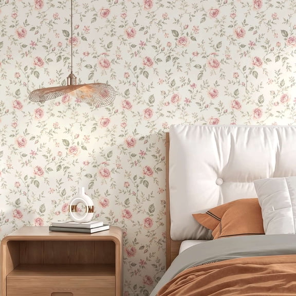 Vintage Rose Floral wallpaper.elegant rustic french country style.suitable for indoor wall or cabinet.soft cream background design peel and stick wallpaper.