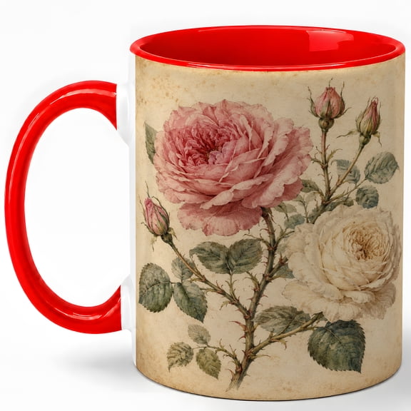 Vintage Rose Flower Coffee Mug, Pink Cream Botanical Floral Illustration Design, 11 oz Ceramic Cup
