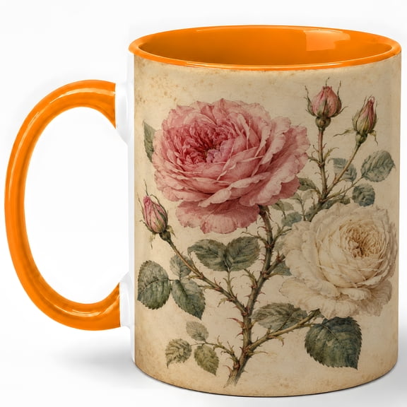 Vintage Rose Flower Coffee Mug, Pink Cream Botanical Floral Illustration Design, 11 oz Ceramic Cup