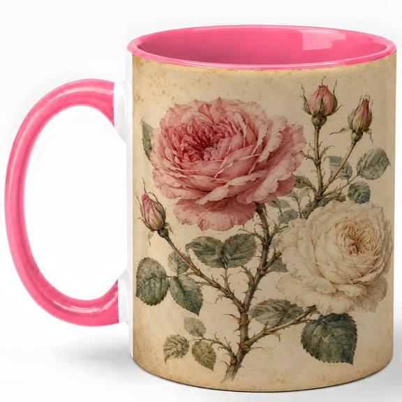 Vintage Rose Flower Coffee Mug, Pink Cream Botanical Floral Illustration Design, 11 oz Ceramic Cup