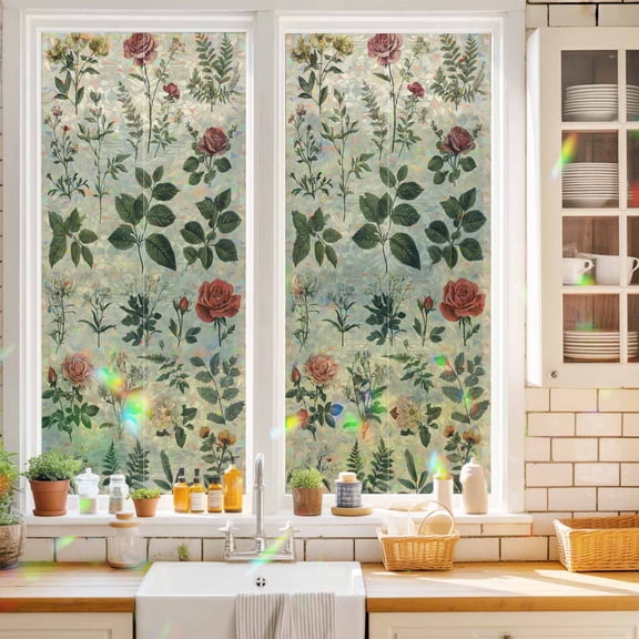 Vintage Rose Flower Leaf Herb Window Privacy Film,Decorative Windows Static Cling Country Floral Seamless Heat Control Removable Glass Sticker for Home Bathroom Bedroom Window Door,17.7x39.3in
