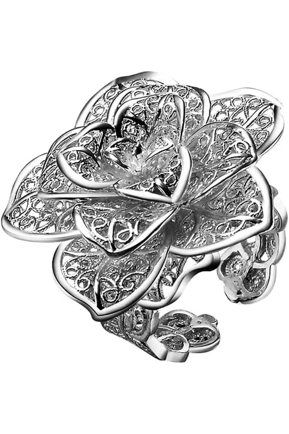 Vintage Rose Flower Statement Ring for Women Adjustable Open Band Stacking Rings Retro Antique Silver Exaggerated Elegant Boho Floral Wedding Promise Ring Unique Y2K Jewelry for Valentine Mother