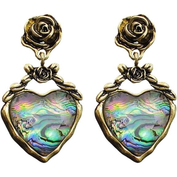 Vintage Rose Heart Dangle Drop Earrings for Women Antique Gold-Toned Enamel Hearted Floral Dangling Studs Earring Lightweight Fashion Halloween Wedding Party Jewelry