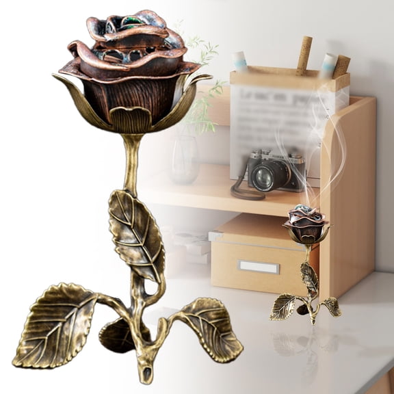 Vintage Rose Incense Burner, Decorative Rose Incense Holder, Bronze Flower Burner with Leaves for Meditation, Yoga & Spiritual Home Tabletop Decor, Kung Fu Tea Accessories, Mothers Day Mom Gifts