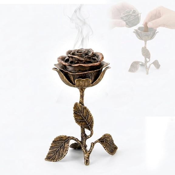 Vintage Rose Incense Burner for Sticks & Cones, Floral Incense Holder Decor for Meditation Yoga Relaxation, Decorative Ash Catcher for Home Bedroom Living Room Altar Gift (Bronze)