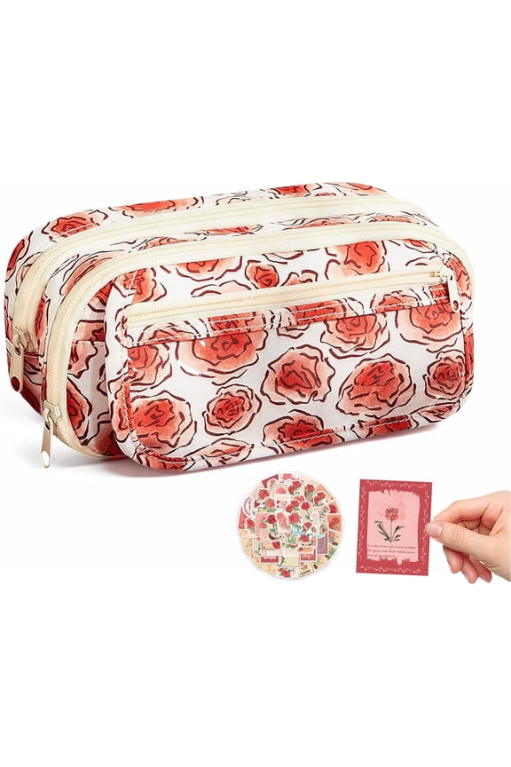 Vintage Rose Large Pencil Case Pouch Coquette Aesthetic Floral Big Stationery Bag with 50pcs Rose Stickers for Office College Makeup Adults