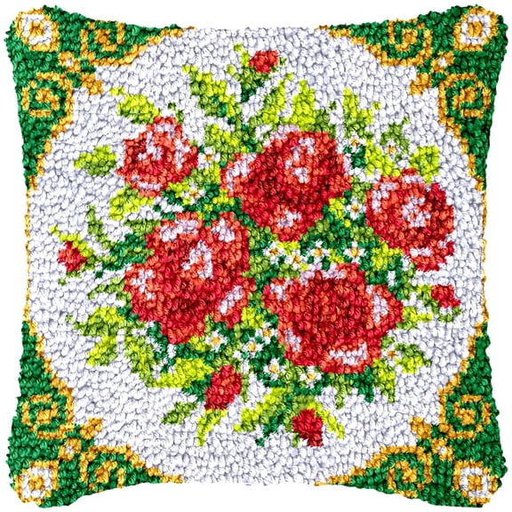 Vintage Rose Latch Hook Kits Pillow Cover DIY Rug Making Crochet Hook Cushion Making Kits with Preprinted Pattern Canvas DIY Needlework Crochet Kits Sofa Decor 43x43cm