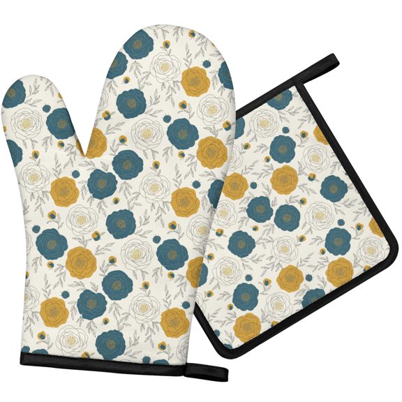 Vintage Rose Leaf Oven Mitt and Pot Holder Set, 1 Oven Mitt + 1 Pot Holder, Non-Slip and Heat Protective, with Hanging Loops, for Cooking Baking and Grilling