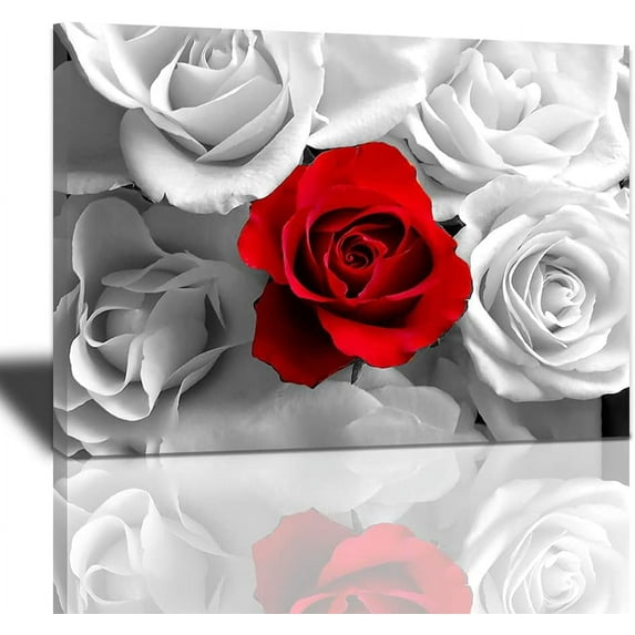Vintage Rose Painting Canvas Wall Art, Retro Black And White Red Rose Flower Ink Painting Picture Print, Modern Rose Wall Decor Floral Artwork Poster Framed For Living Room,Bedroom Bathroom 12"X16"