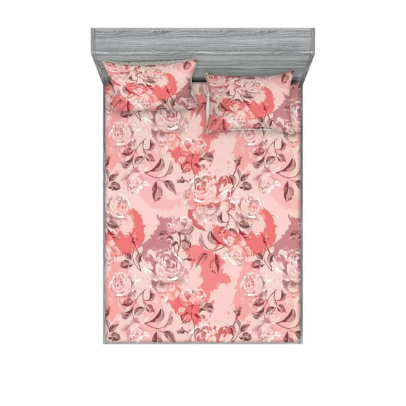 Vintage Rose Pattern Fitted Sheet & Pillow Sham Set, Garden Scene Vibes Springtime Flowers Pattern with Petals, Decorative Printed 3 Piece Bedding Decor, Queen, Blush Dark Coral Rose, by Ambesonne