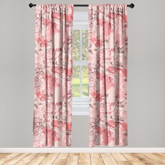 Vintage Rose Pattern Window Curtains, Garden Scene Vibes Springtime Flowers Pattern with Petals, Lightweight Decor 2-Panel Set with Rod Pocket, Pair of - 28"x63", Blush Dark Coral Rose, by Ambesonne