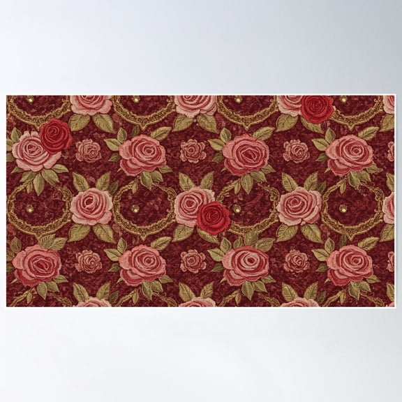 Vintage Rose Pattern With Gold Lace In Red And Pink Tones. Poster Wall Art, Modern Wall Decor For Living Room Bedroom, 16x24 UNFRAMED