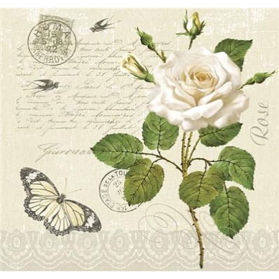 Vintage Rose Postcard with Butterfly - Decorative Floral Lunch Paper Napkins 100pcs - Perfect for Decoupage, Party, Birthday, Special Occasions, Weddings
