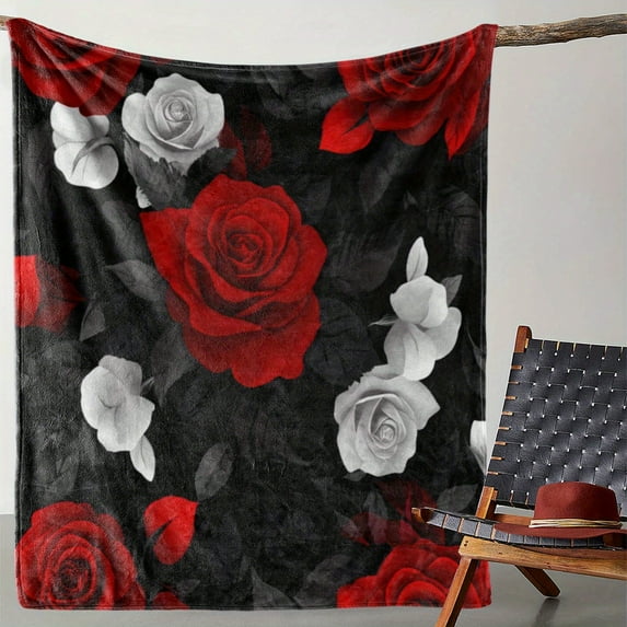 Vintage Rose Print Flannel Throw Blanket Soft Cozy and Comfortable with Mixed Colors (Red White Black) Perfect for Sofa Bed Car Office Gift Blanket for Mother'S Day Home Decor