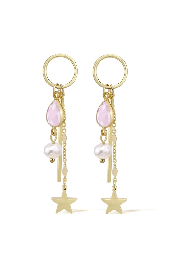 Vintage Rose Quartz Chain Dew Drop & Star Gold Over .925 Silver Dangle Earrings