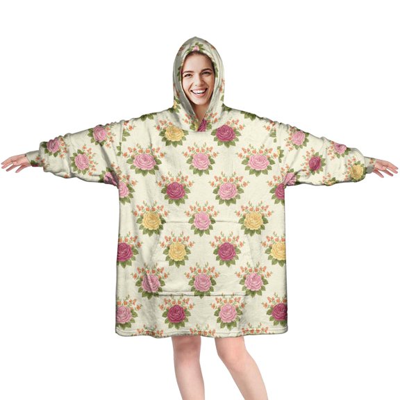Vintage Rose Rosebud Wearable Blanket Hoodie, Flannel Oversized Wearable Blanket Hoodies with Sleeves & with Sleeves & Pockets, Warm Gifts Ideas for Wife Son Mom Husband Daughter