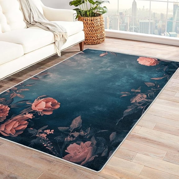 Vintage Rose Rugs for Living Room Bedroom, Dark Teal Floral Shabby Pattern Design Area Rug, Retro Flower Chic Home Decor Carpet, Non Slip & Washable & Soft 5 x 8ft