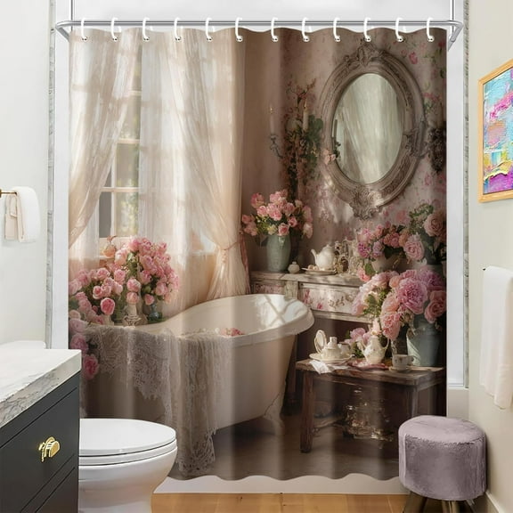 Vintage Rose Shower Curtain Shabby Chic Floral Pink Bathroom Decor French Country Cottagecore Style Romantic Bathtub Curtain for Girls Women Guest Bathroom Accessories-36"W x 72"L (Pack of 1)