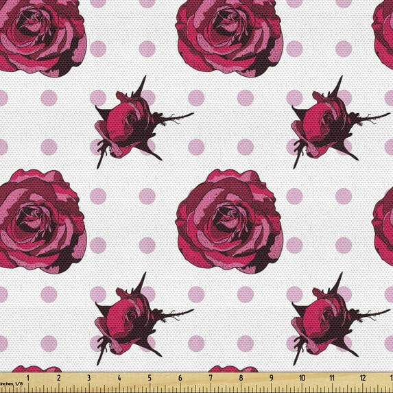 Ambesonne Vintage Rose Fabric by the Yard Upholstery, Polka Dots Flowers, 1 Yard, Pale Pink Raspberry