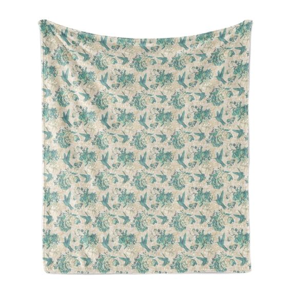 Vintage Rose Soft Flannel Fleece Throw Blanket, Birds and Leaves Grunge Look Illustration, Cozy Plush for Indoor and Outdoor Use, 60" x 80", Eggshell Seafoam, by Ambesonne