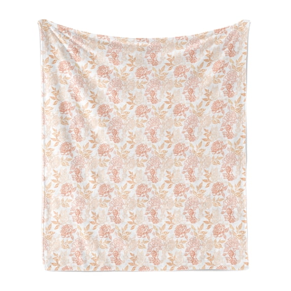 Vintage Rose Soft Flannel Fleece Throw Blanket, Continuous Rosebuds Flower Leaves Blossom Illustration, Cozy Plush for Indoor and Outdoor Use, 50" x 70", Peach Pale Peach White, by Ambesonne