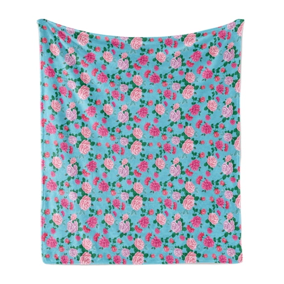 Vintage Rose Soft Flannel Fleece Throw Blanket, Continuous Vibrant Tones Flowers Arrangement, Cozy Plush for Indoor and Outdoor Use, 50" x 70", Aqua Pink, by Ambesonne