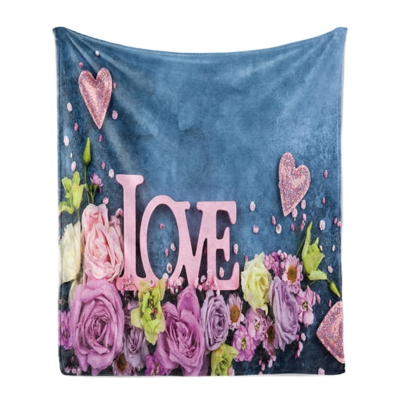 Vintage Rose Soft Flannel Fleece Throw Blanket, Love Theme Floral Bouquet Valentines Photo, Cozy Plush for Indoor and Outdoor Use, 70" x 90", Baby Pink Slate Blue, by Ambesonne