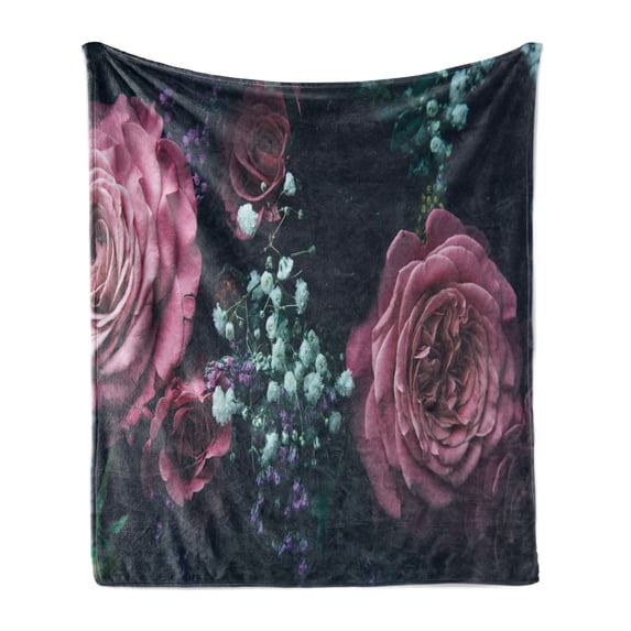 Vintage Rose Soft Flannel Fleece Throw Blanket, Photo of Dreamy Romantic Meadow Flowers Arrangement, Cozy Plush for Indoor and Outdoor Use, 50" x 70", Slate Blue Fuchsia, by Ambesonne