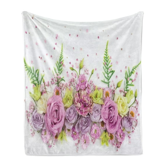 Vintage Rose Soft Flannel Fleece Throw Blanket, Romantic Flowers Spread Photo Plain Background, Cozy Plush for Indoor and Outdoor Use, 50" x 60", Blue Eggshell, by Ambesonne