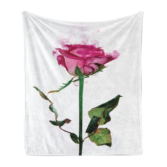 Vintage Rose Soft Flannel Fleece Throw Blanket, Single Rose Flower Branch Smoking Look Illustration, Cozy Plush for Indoor and Outdoor Use, 60" x 80", Fern Green Pastel Pink, by Ambesonne