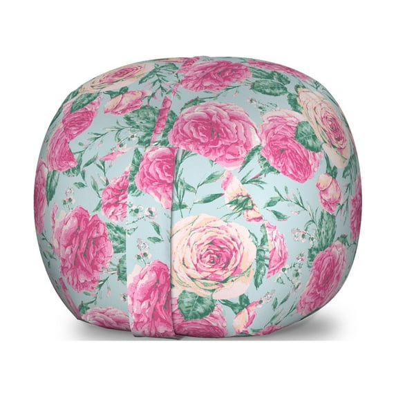 Vintage Rose Storage Toy Bag Chair, Grungy Look Flower Arrangement, Stuffed Animal Organizer Washable Bag, Small Size, Pale Blue Pink, by Ambesonne
