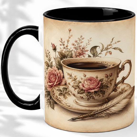 Vintage Rose Tea Accent Mug, 11oz Ceramic Coffee Cup for Writers