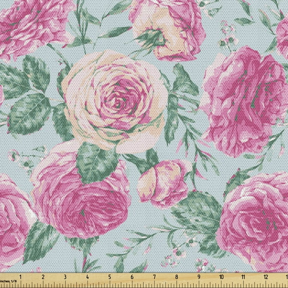 Ambesonne Vintage Rose Fabric by the Yard Upholstery, Grunge Flower Look, 1 Yard, Pale Blue Pink