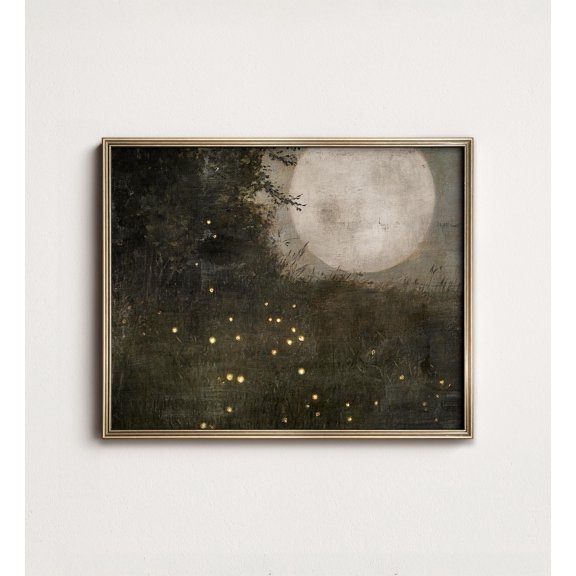 Vintage Rose Wall Art Moody Floral Dark Romantic Decor Woodland Nursery Art Moon and Fireflies Animal Poster, UNFRAMED Size 16x16